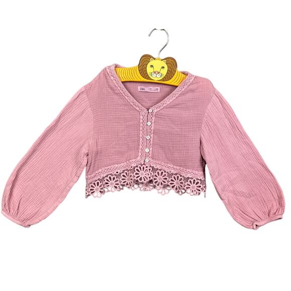 Zara Kids Girls Cotton Gauze Lace Blouse Slight Crop Long Sleeve SZ 8 Boho Pink - Picture 1 of 9